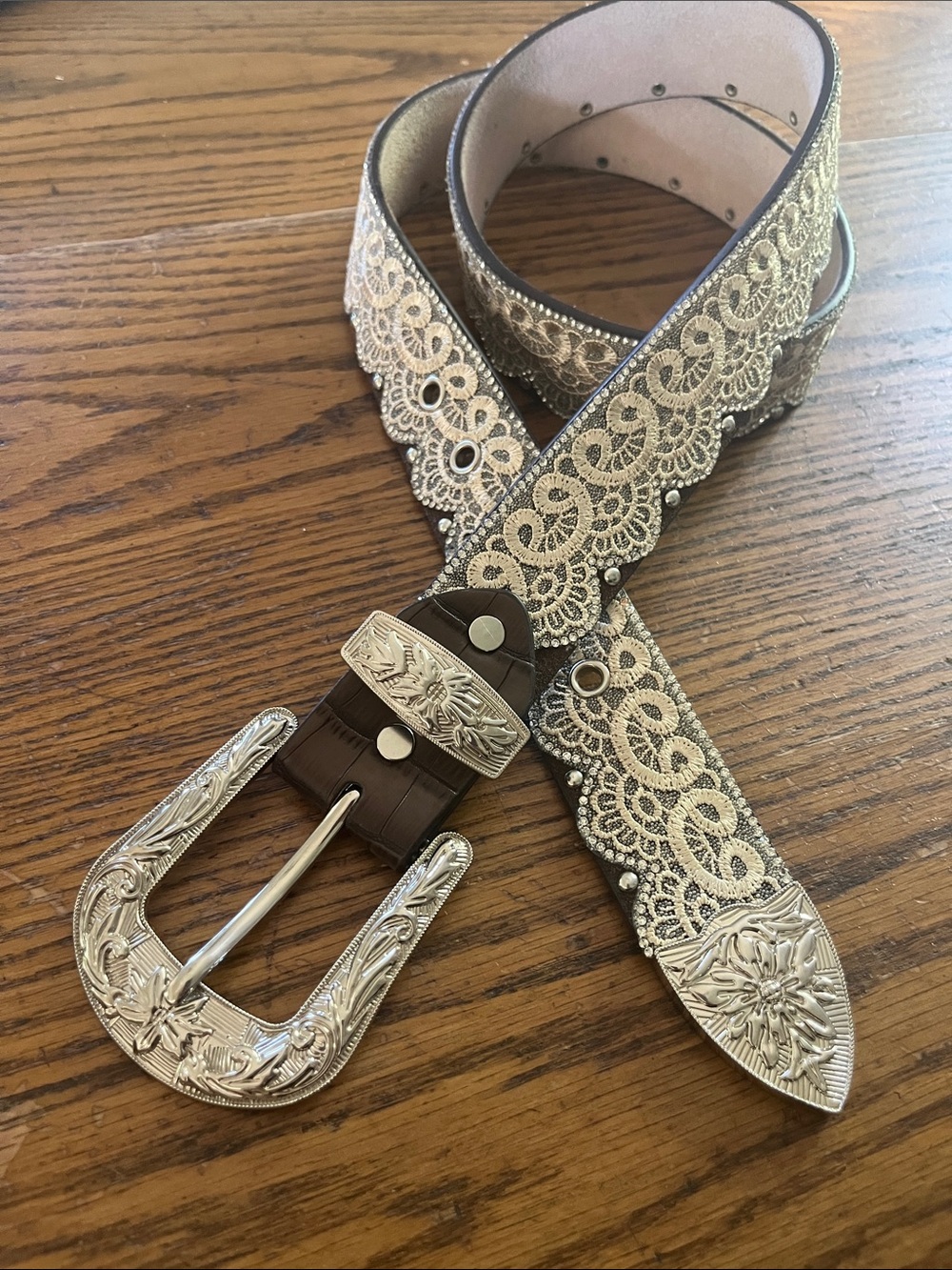Angel Ranch rhinestone Embellished Silver & Gold Lace Accent Belt -